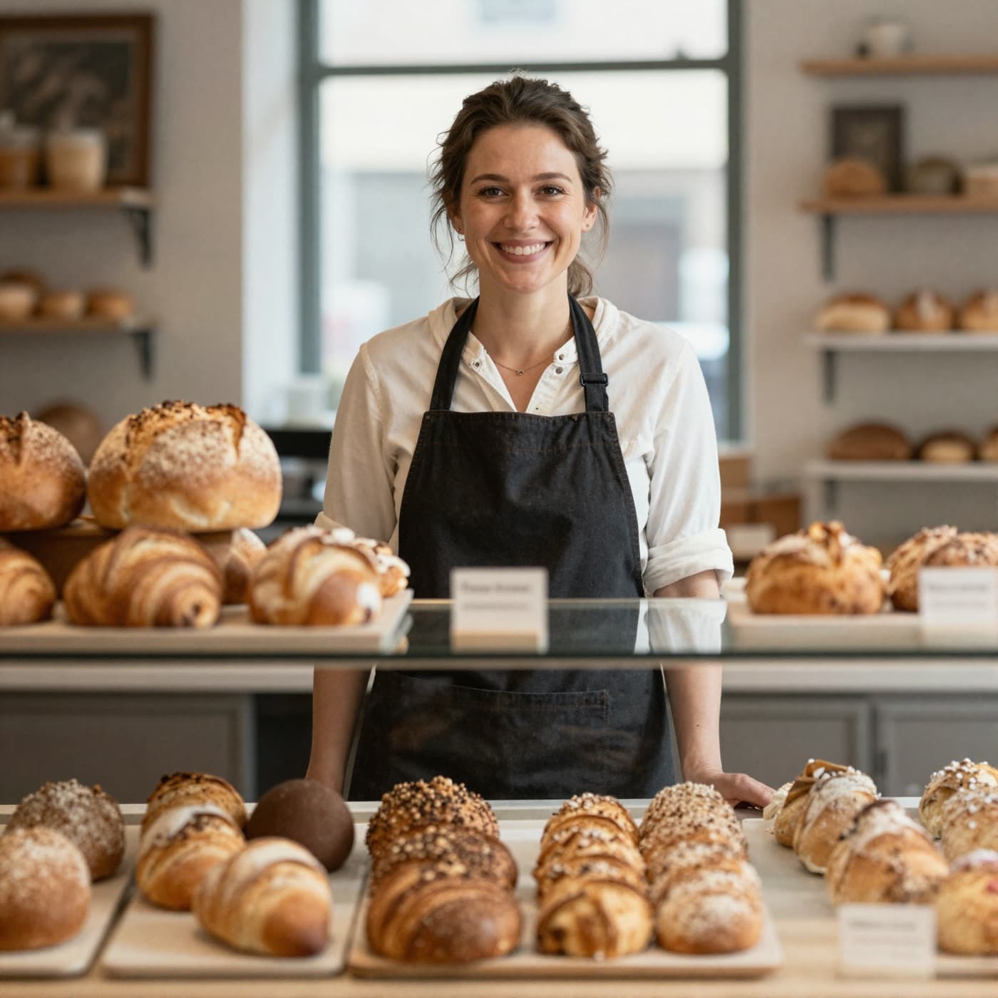 Inhaberin einer Bäckerei hinter der Theke
